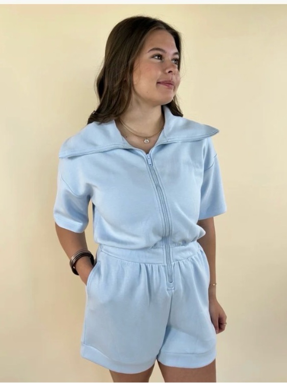 Light Blue Zip Short Romper